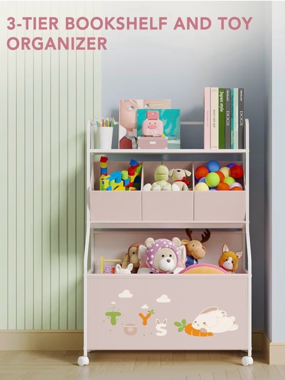 Children's Pink Toy Storage Shelf with Fabric Bins